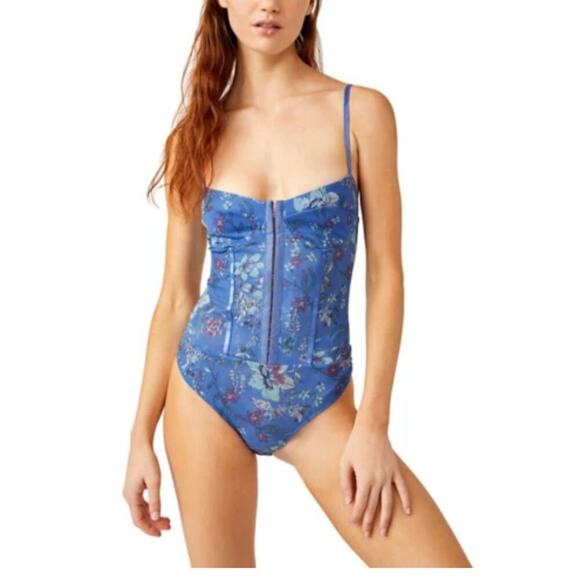 Free People Women's Night Rhythm Bodysuit Blue Flowers size Large - Picture 1 of 7
